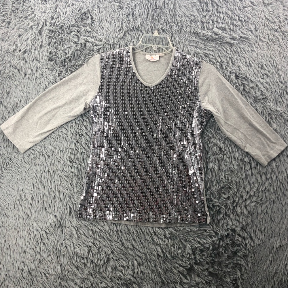Quacker Factory Top Womens Small Vneck Sequins Gray Stretch Shirt